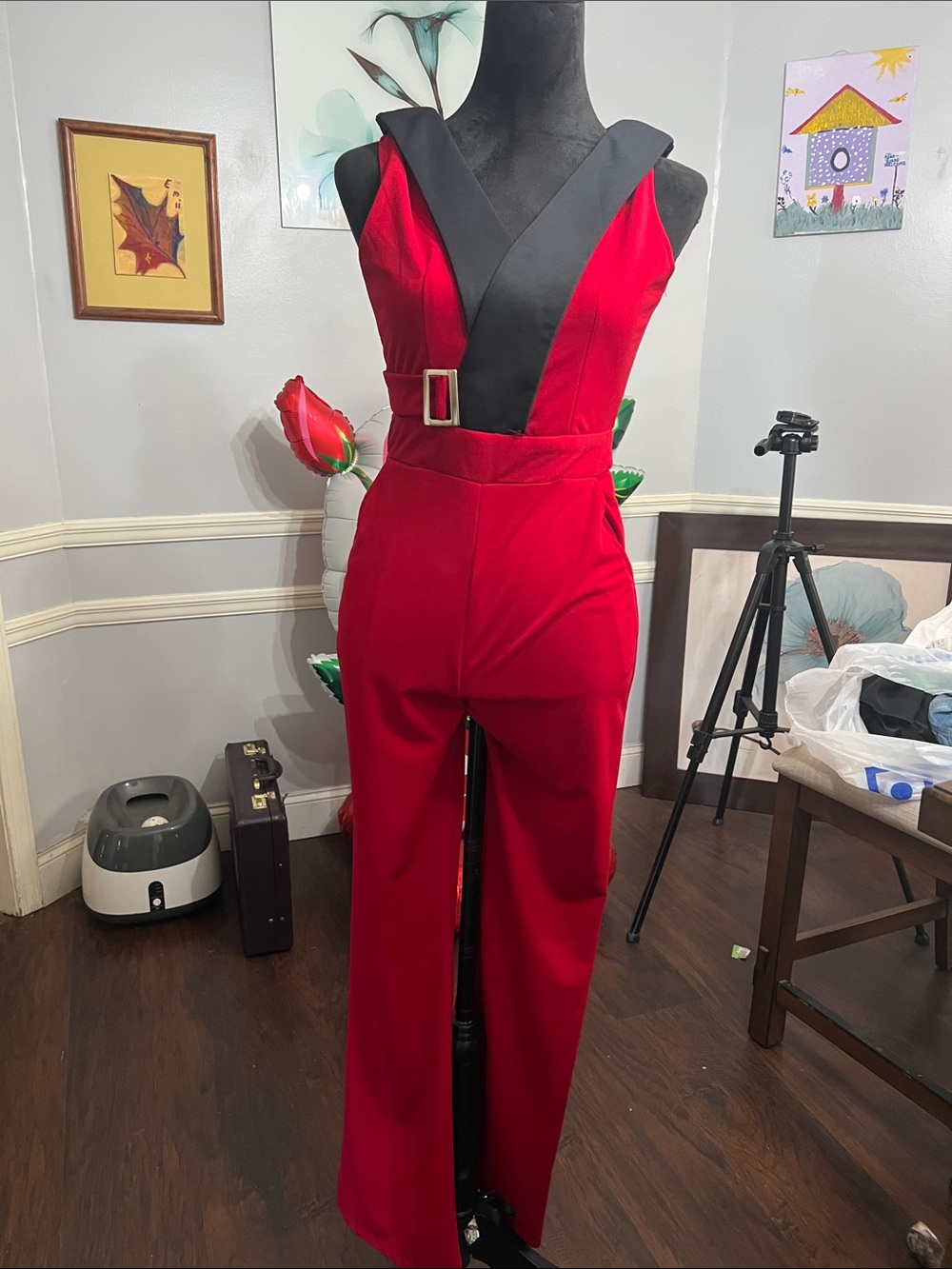 Red V-Neck Wide-Leg Jumpsuit with Contrast Trim